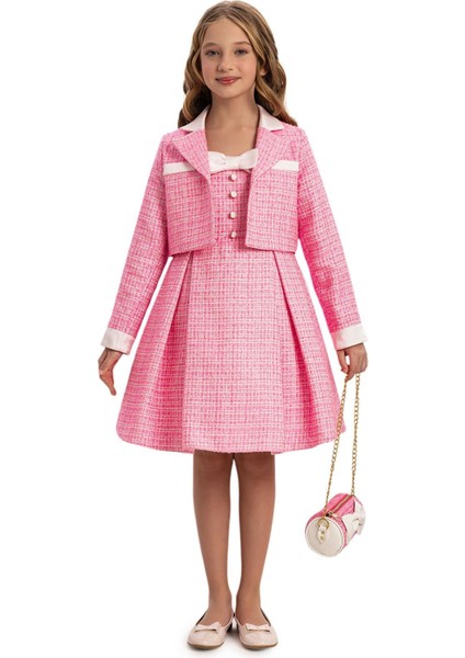 Kız Çocuk Elbise Bolero ve Çanta 8-14 Yaş Pembe