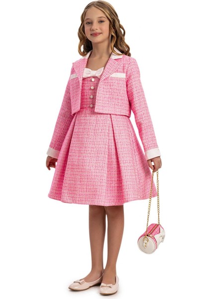 Kız Çocuk Elbise Bolero ve Çanta 8-14 Yaş Pembe