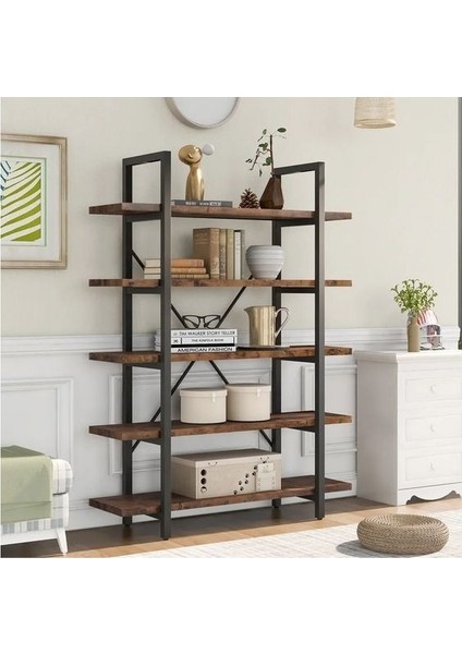 Halevia Doğal Ahşap 5 Katlı Kitaplık Metal Kitaplık