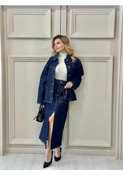 Kontrast Dikişli Çift Cepli Kot Ceket