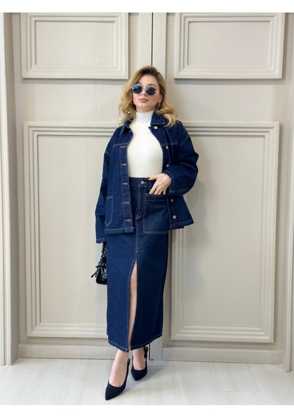 Kontrast Dikişli Çift Cepli Kot Ceket modelleri