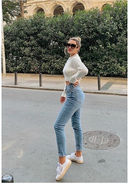 Leo 90's Mavi Kar Yıkama Yüksek Bel Comfort Likralı Denim Mom Kot Pantolon Jeans
