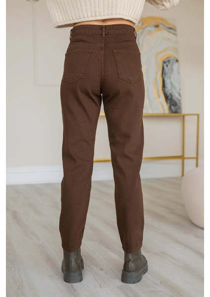 Dora Yüksek Bel Likralı Kahve Mom Jeans Esnek Kot Pantolon 2024