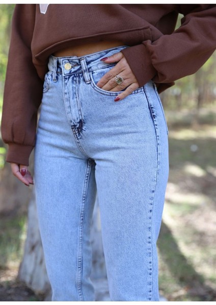 Leo 90's Kadın Mona Mavi Kar Yıkama Mom Jean Kadın Boyfriend Yüksek Bel Likralı Kot Pantolon