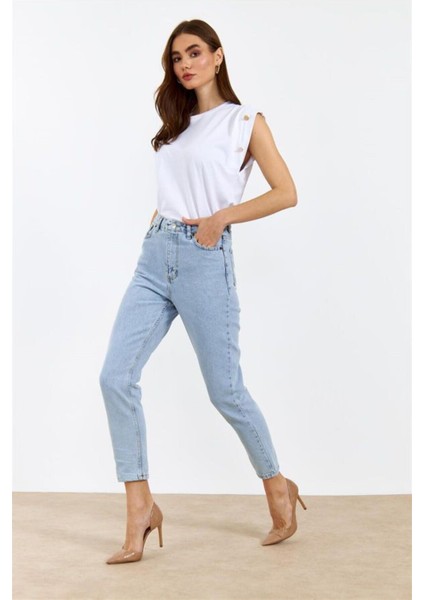 Indigo Kar Mavi Mom Jean Yüksek Bel Detay Boyfriend Kot Mavi