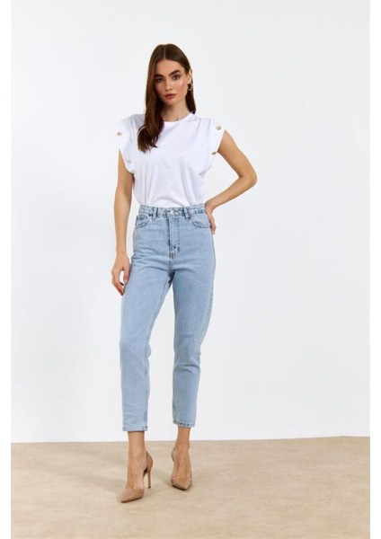Indigo Kar Mavi Mom Jean Yüksek Bel Detay Boyfriend Kot Mavi fiyatları