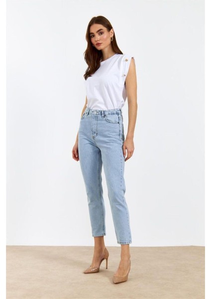 Indigo Kar Mavi Mom Jean Yüksek Bel Detay Boyfriend Kot Mavi fırsatları