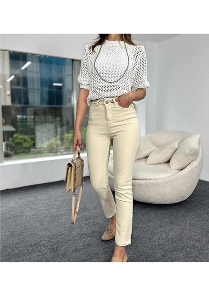 Penolope Kadın Yüksek Bel Paçası Kesik Boyfit Jean Bej
