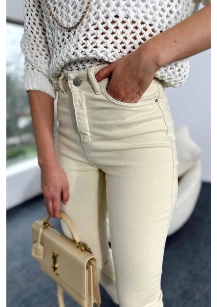 Penolope Kadın Yüksek Bel Paçası Kesik Boyfit Jean Bej modelleri