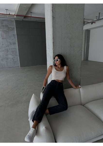 Kadın Yüksek Bel Siyah Boyfriend Jeans Likralı Esnek Kot Pantolon(Tam Kalıp) fiyatları