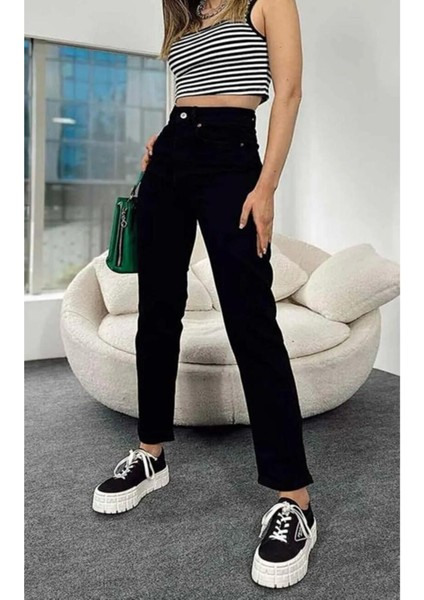 Kadın Yüksek Bel Siyah Boyfriend Jeans Likralı Esnek Kot Pantolon(Tam Kalıp) modelleri