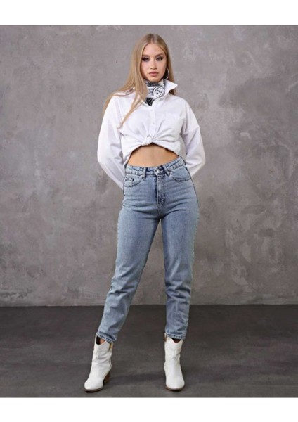 Leo Erva Mavi Kar Yıkama Mom Boyfriend Jean Kadın Power Likra Toparlayıcı modelleri