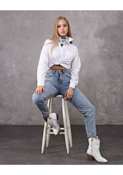 Leo Erva Mavi Kar Yıkama Mom Boyfriend Jean Kadın Power Likra Toparlayıcı fırsatları
