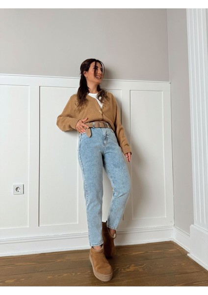 Indigo Kar Mavi Mom Jean Yüksek Bel Detay Boyfriend Kot Mavi 2024 modelleri