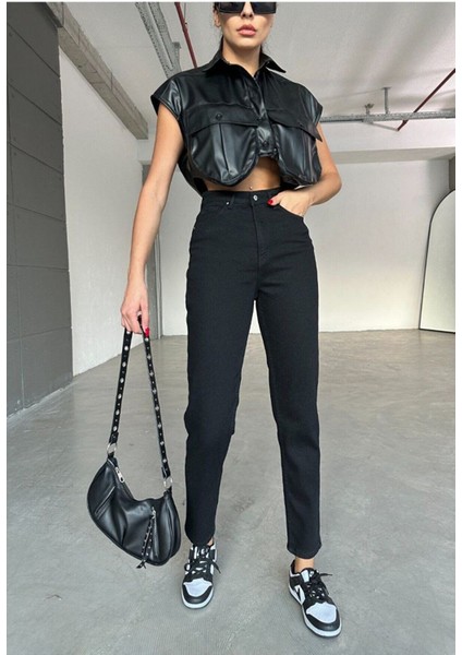 Siyah Mom Kalıp Motto Jean Pantolon 2024