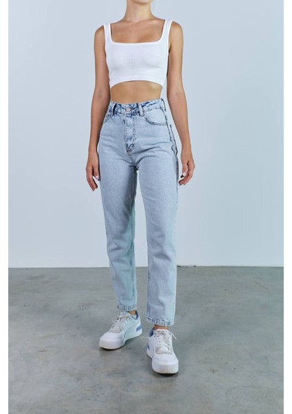 Leo Lucy Boyfriend Mavi Kar Yıkama Solmaz Jean Kadın Boyfriend Yüksek Bel Likralı