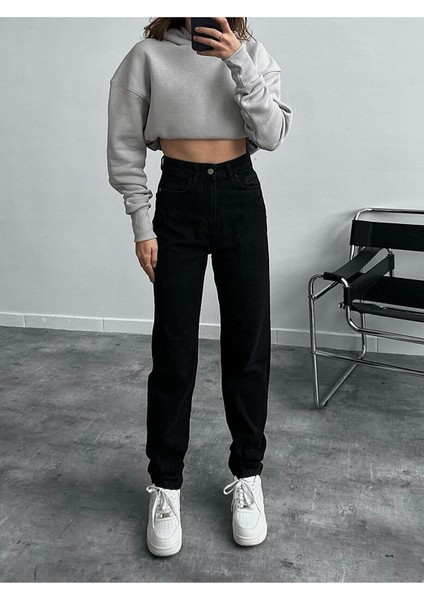 Leo Penelope Kadın Siyah Likralı Yüksek Bel Boyfriend Mom Jean Pantolon C599