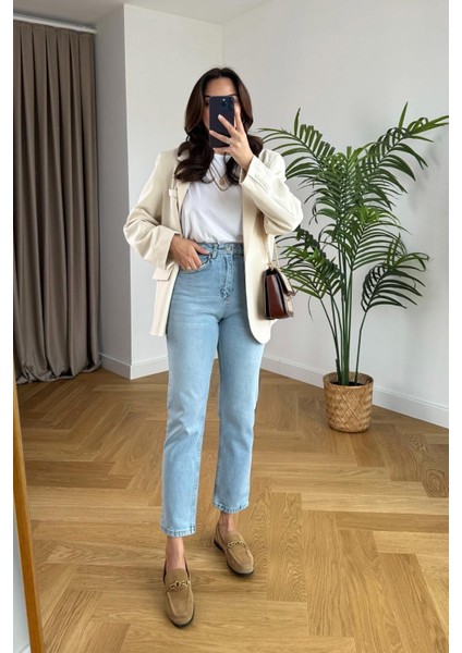 Leo Kadın Yüksek Bel Mavi Kar Yıkama Likralı Mom Jeans Pantolon