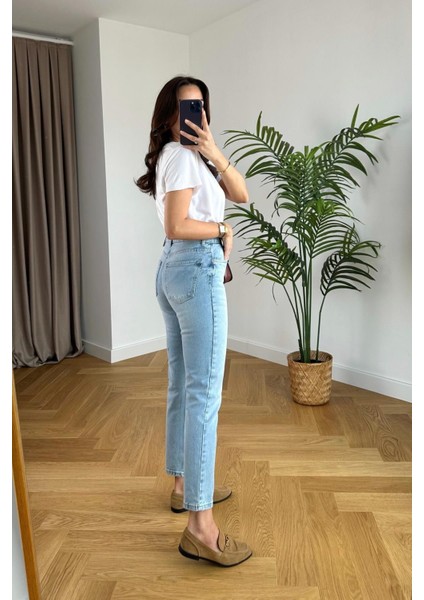 Leo Kadın Yüksek Bel Mavi Kar Yıkama Likralı Mom Jeans Pantolon