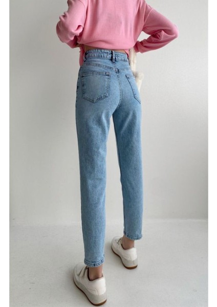 Mom Jeans Orta Mavi Mom Yüksek Bel Kot Pantolon Likralı Solmaz Ekstra 2024 fırsatları