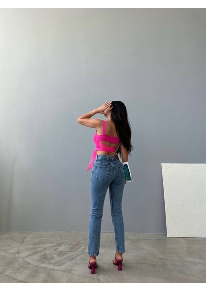 Leo 90's Dora Kadın Yüksek Bel Kar Yıkama Likralı Mom Jean Pantolon