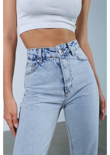 Leo Lucy Boyfriend Mavi Kar Yıkama Solmaz Jean Kadın Boyfriend Yüksek Bel Likralı