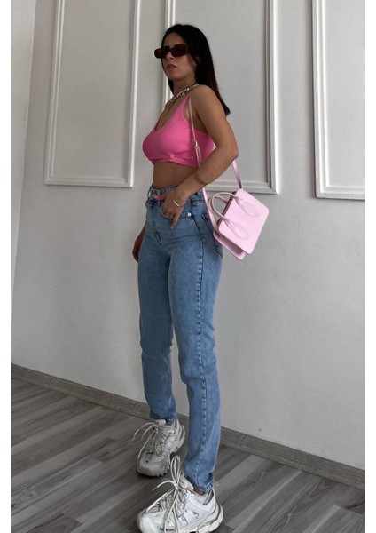Leo 90's Doralara Kar Yıkama Mavi Likralı Yüksek Bel Mom Jean Pantolon