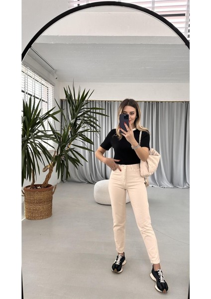 Lora Super Bej Mom Boyfriend Kot Pantolon Yüksek Bel Esnek 2024