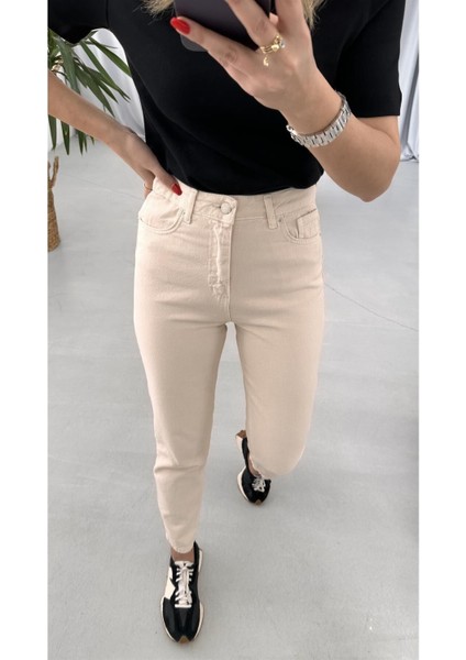 Lora Super Bej Mom Boyfriend Kot Pantolon Yüksek Bel Esnek 2024 modelleri