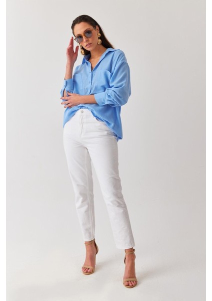 Beyaz Yüksek Bel Likralı Denim Kumaş Mom Fit Yüksek Bel Jean 2024