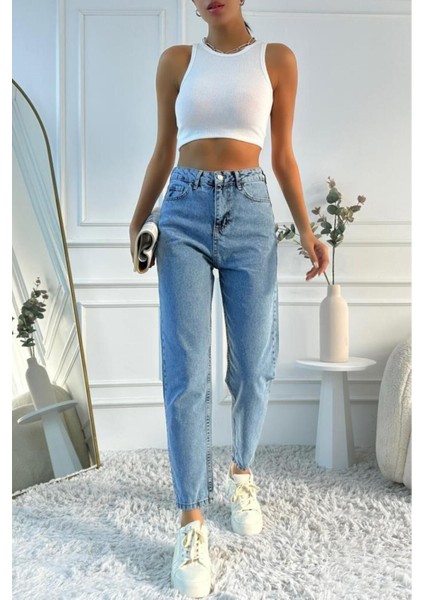 Asit Yıkamalı Kadın Yüksek Bel Mom Fit Mavi Jean Pantolon fiyatları
