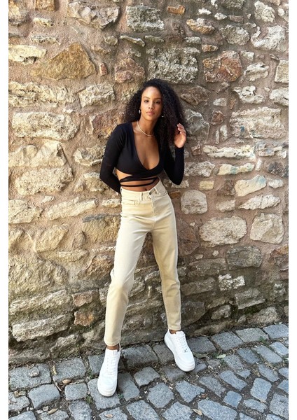Yüksek Bel Bej Mom Jeans Likralı Esnek Kot Pantolon 2024