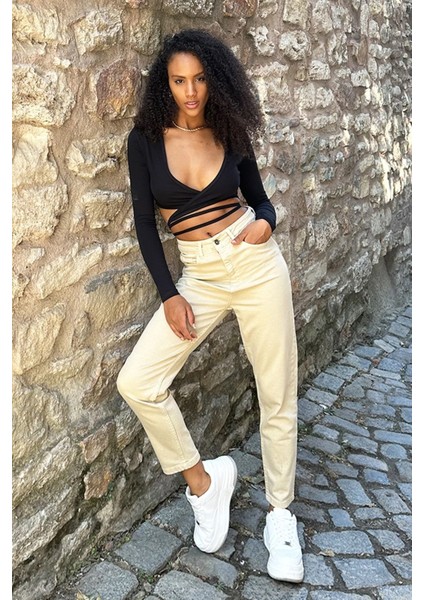 Yüksek Bel Bej Mom Jeans Likralı Esnek Kot Pantolon 2024 fiyatları