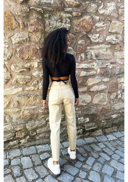 Yüksek Bel Bej Mom Jeans Likralı Esnek Kot Pantolon 2024 modelleri