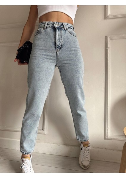 Leo 90's Dora Jeans Likralı Yüksek Bel Mavi Kar Yıkamalı Mom Kot Pantolon Ekstra Esnek