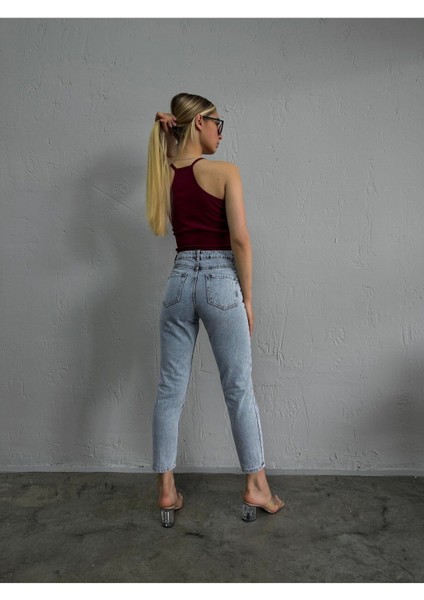 Leo 90's Dora Jeans Likralı Yüksek Bel Mavi Kar Yıkamalı Mom Kot Pantolon Ekstra Esnek