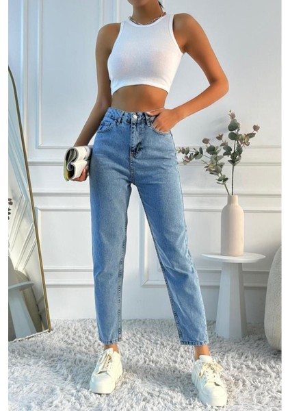 Asit Yıkamalı Kadın Yüksek Bel Mom Fit Mavi Jean Pantolon fırsatları