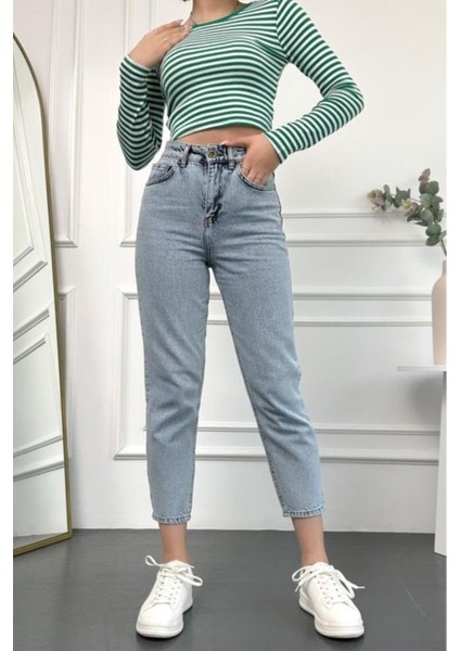 Kadın Mavi Kar Yüksek Bel Basic Mom Fit Kadın Jean Pantolon 2024