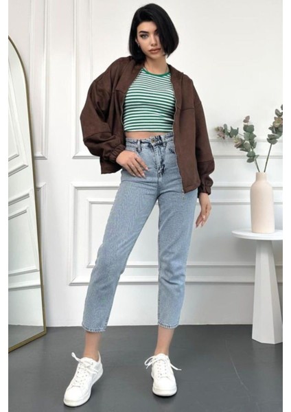 Kadın Mavi Kar Yüksek Bel Basic Mom Fit Kadın Jean Pantolon 2024 fırsatları
