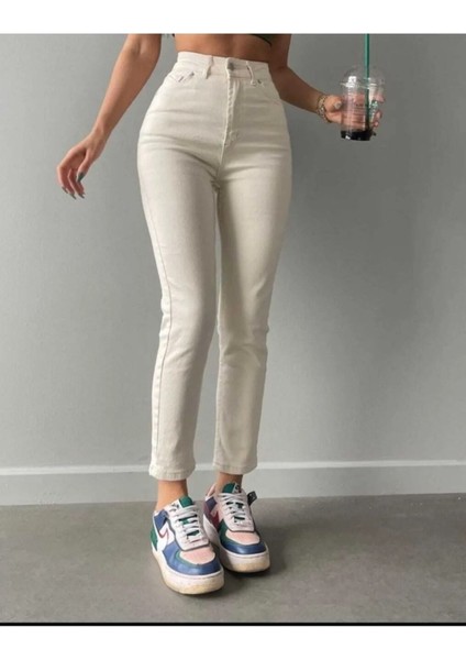 Krem Renk Mom Jean Pantalon fiyatları