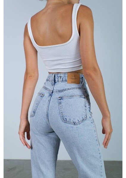 Leo Lucy Boyfriend Mavi Kar Yıkama Solmaz Jean Kadın Boyfriend Yüksek Bel Likralı