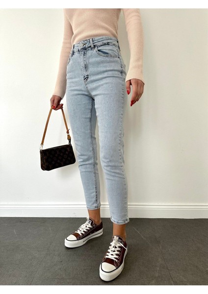 Leo 90's Dora Penelope Mavi Mom Kot Pantolon Likralı Yüksek Bel Mavi Kar Yıkamalı Mom Jeans