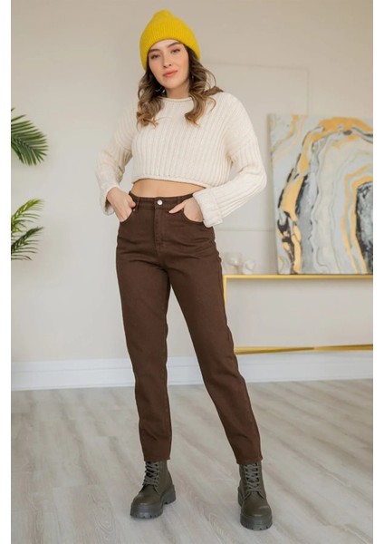 Dora Yüksek Bel Likralı Kahve Mom Jeans Esnek Kot Pantolon 2024