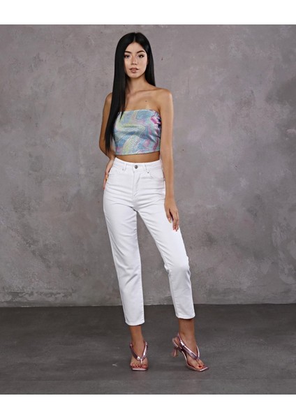 Kadın Beyaz Denim Kot Pantolon Düğme Detaylı Yüksek Bel Mom Jean New 2024 modelleri