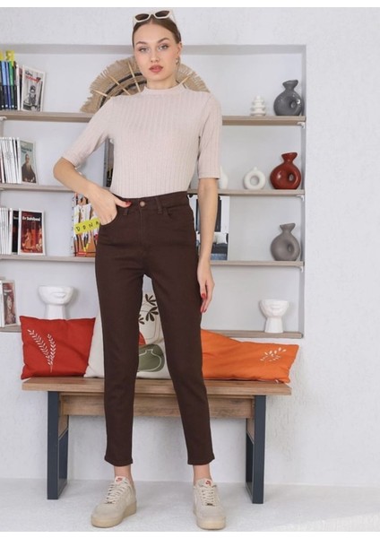 Lora Super Kahve Mom Boyfriend Kot Pantolon Yüksek Bel Esnek 2024