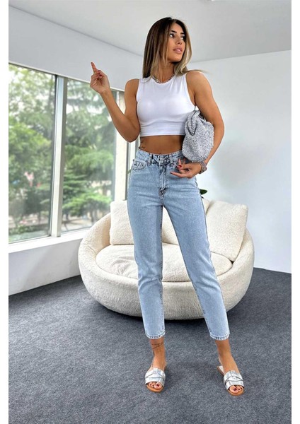 Leo 90's Dora Penelope Kadın Valerie Mavi Kar Mom Jean Pantolon