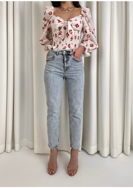 Vit Mom Jeans Eskitmeli Kar Yırtıklı 90S Boyfriend Yüksek Bel Kot