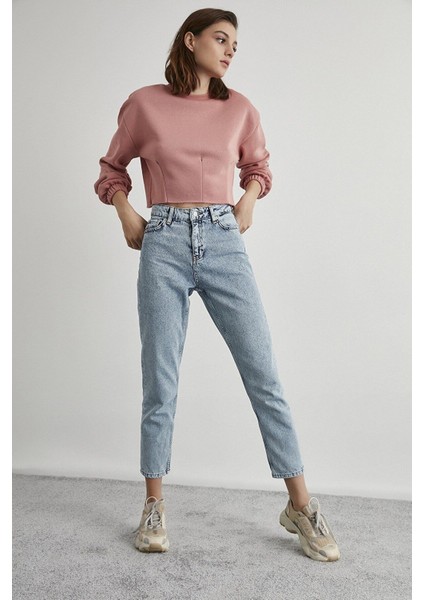 Heidi Kar Mavi Mom Jeans Likralı Yüksek Bel Mavi Kar Yıkamalı Mom Kot Pantolon Likralı Jean
