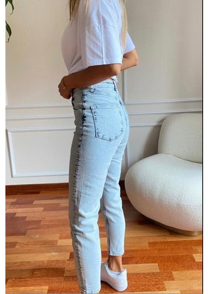 Leo 90's Dora Kar Yıkama Mom Kot Pantolon Mavi (1 Beden Büyük Alın )