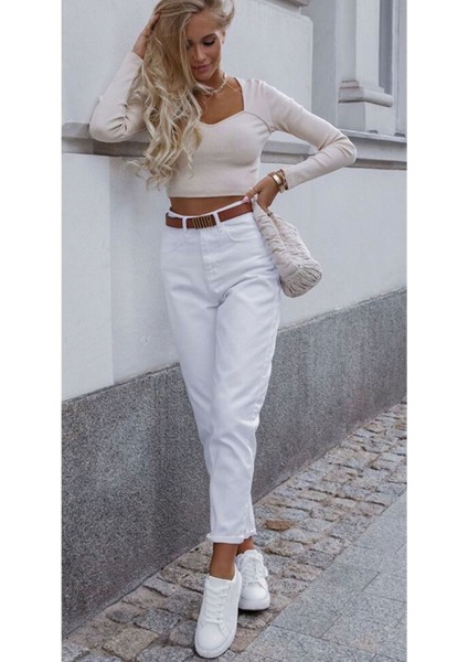 Lora Super Beyaz Mom Boyfriend Kot Pantolon Yüksek Bel Esnek 2024